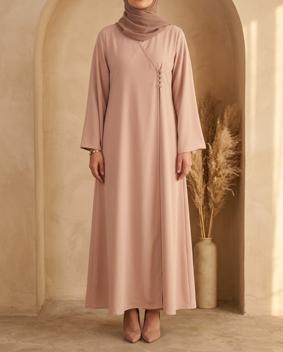 Blush side button abaya with crossover wrap neckline, front view