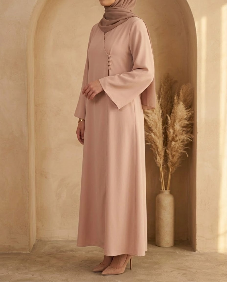 Blush side button abaya, three-quarter view