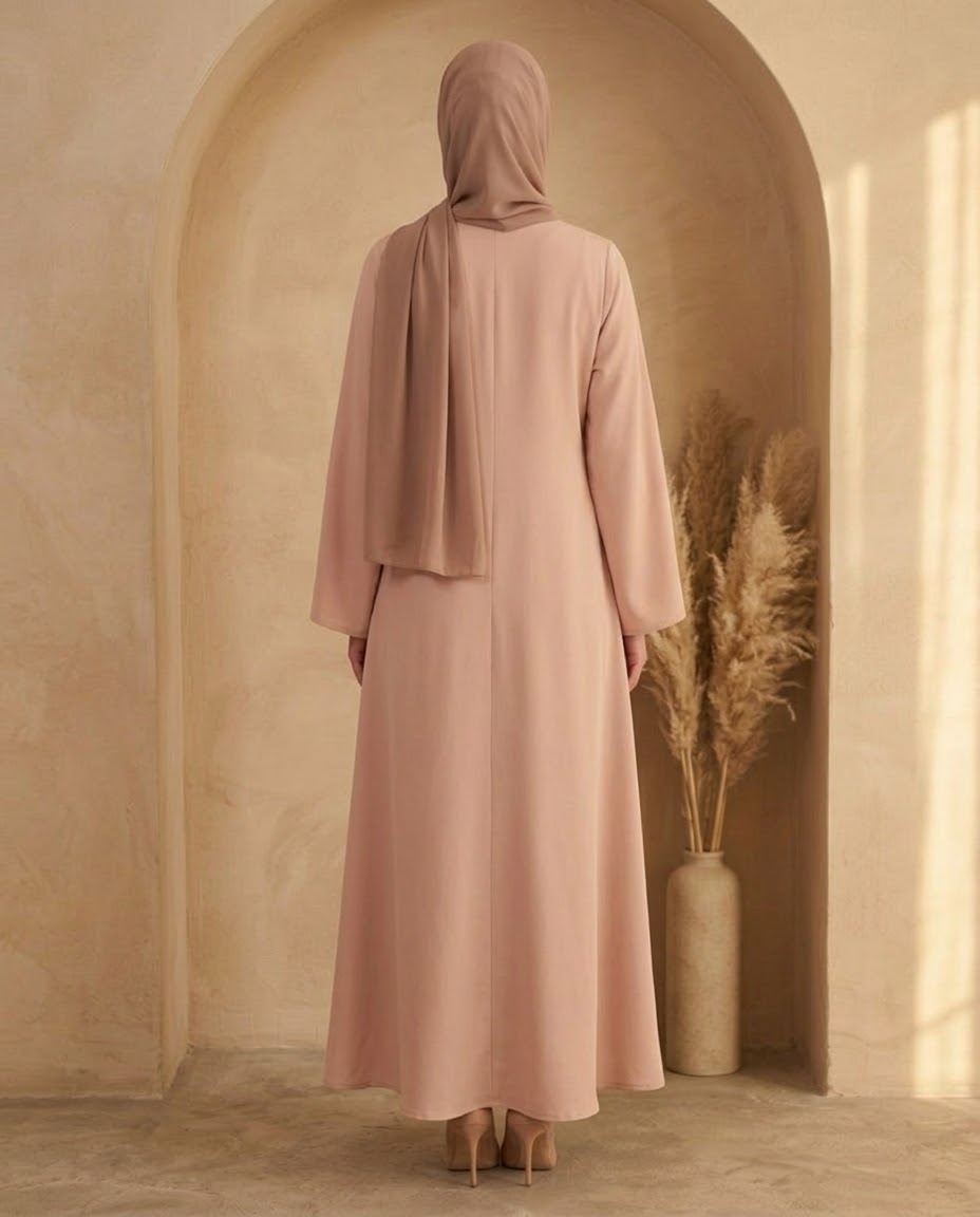 Blush side button abaya styled with mocha hijab