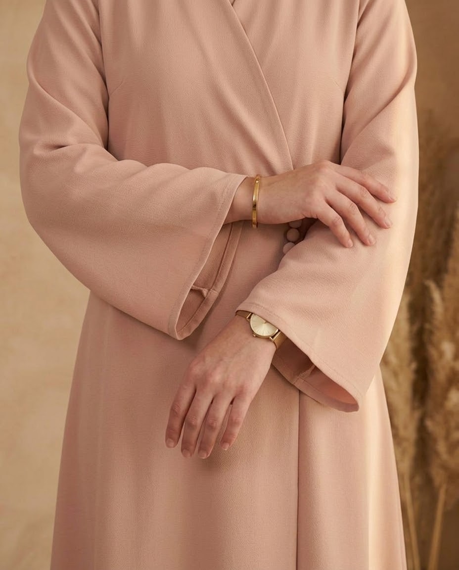Blush side button abaya, back view
