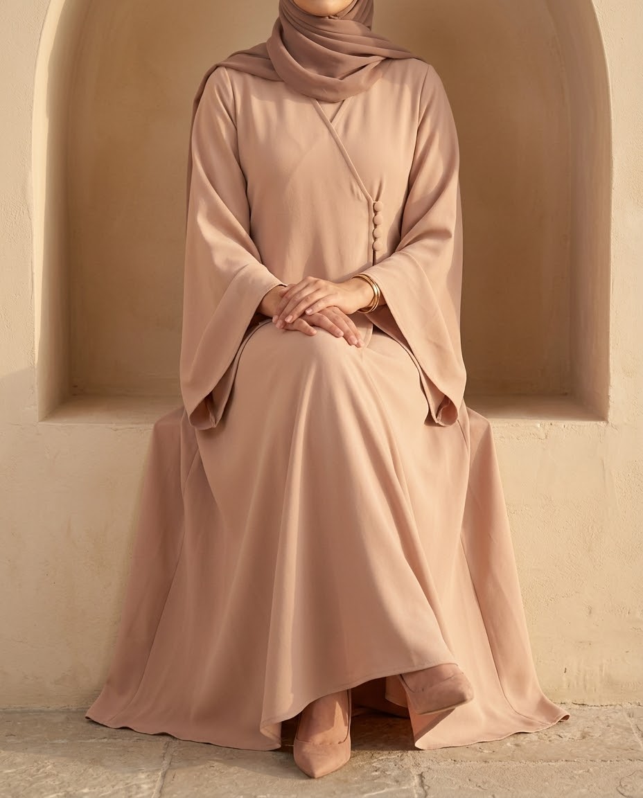 Close-up of four fabric-covered side buttons on blush crepe