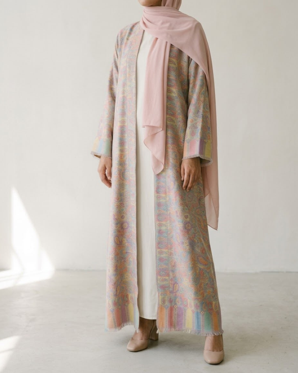 Pastel Bloom pashmina woven paisley and fringe hem detail