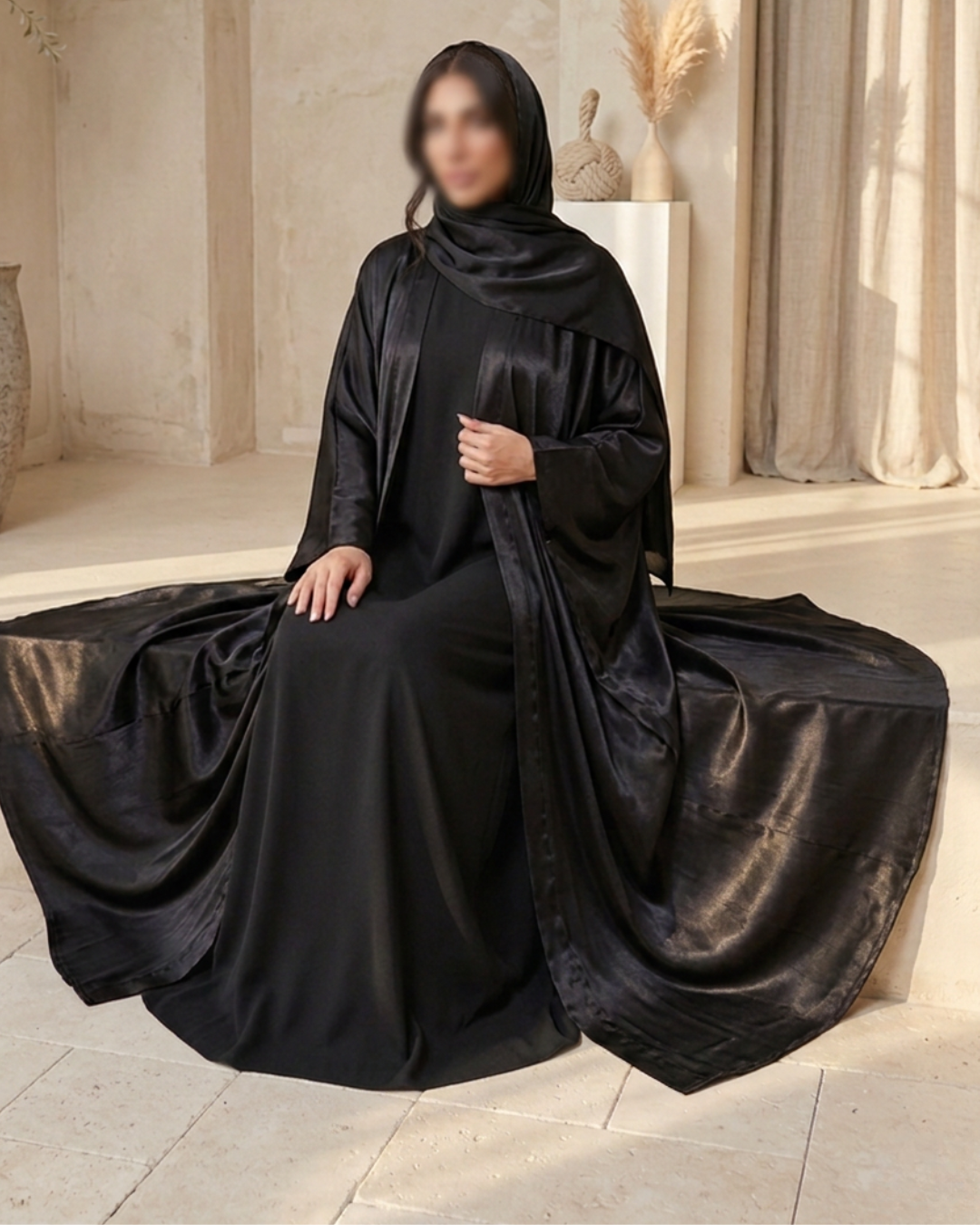 Midnight Sheen three-piece black robe set with matching hijab — Khimar by Sana