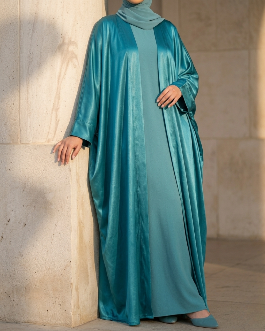 Turquoise Hour luxury Arabic robe set in turquoise silk — Khimar by Sana