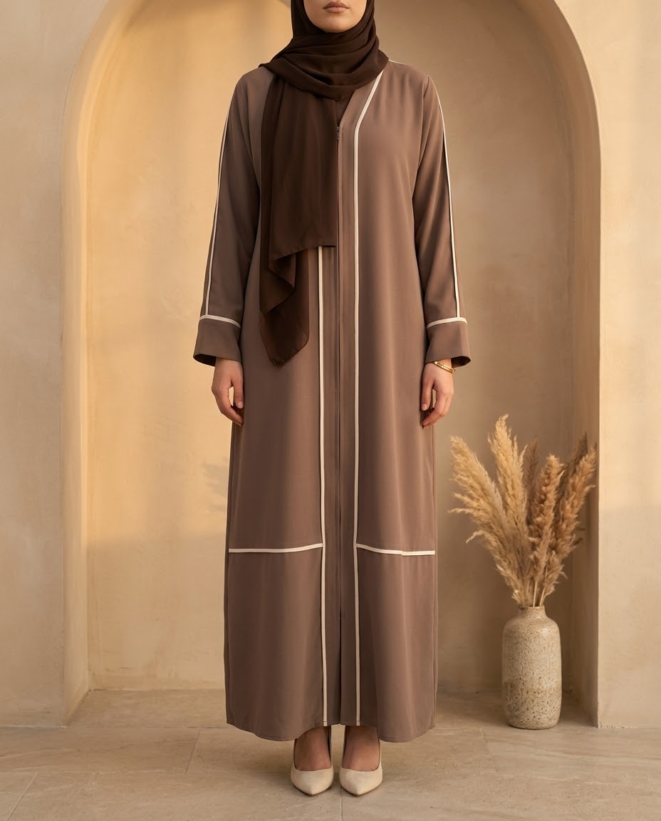 Mocha piped zip abaya with cream contrast piping and matching hijab