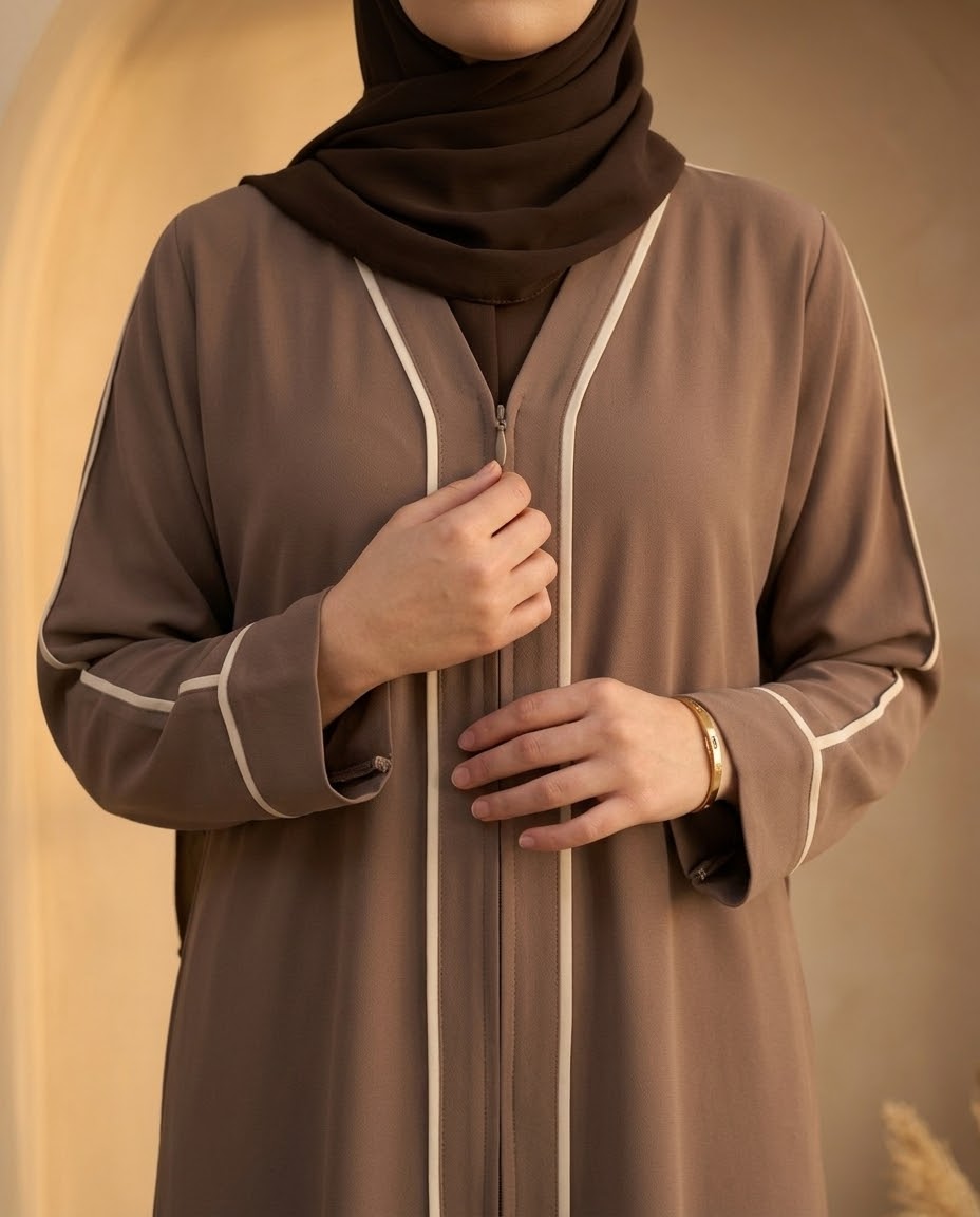 Mocha piped zip abaya, modest everyday abaya