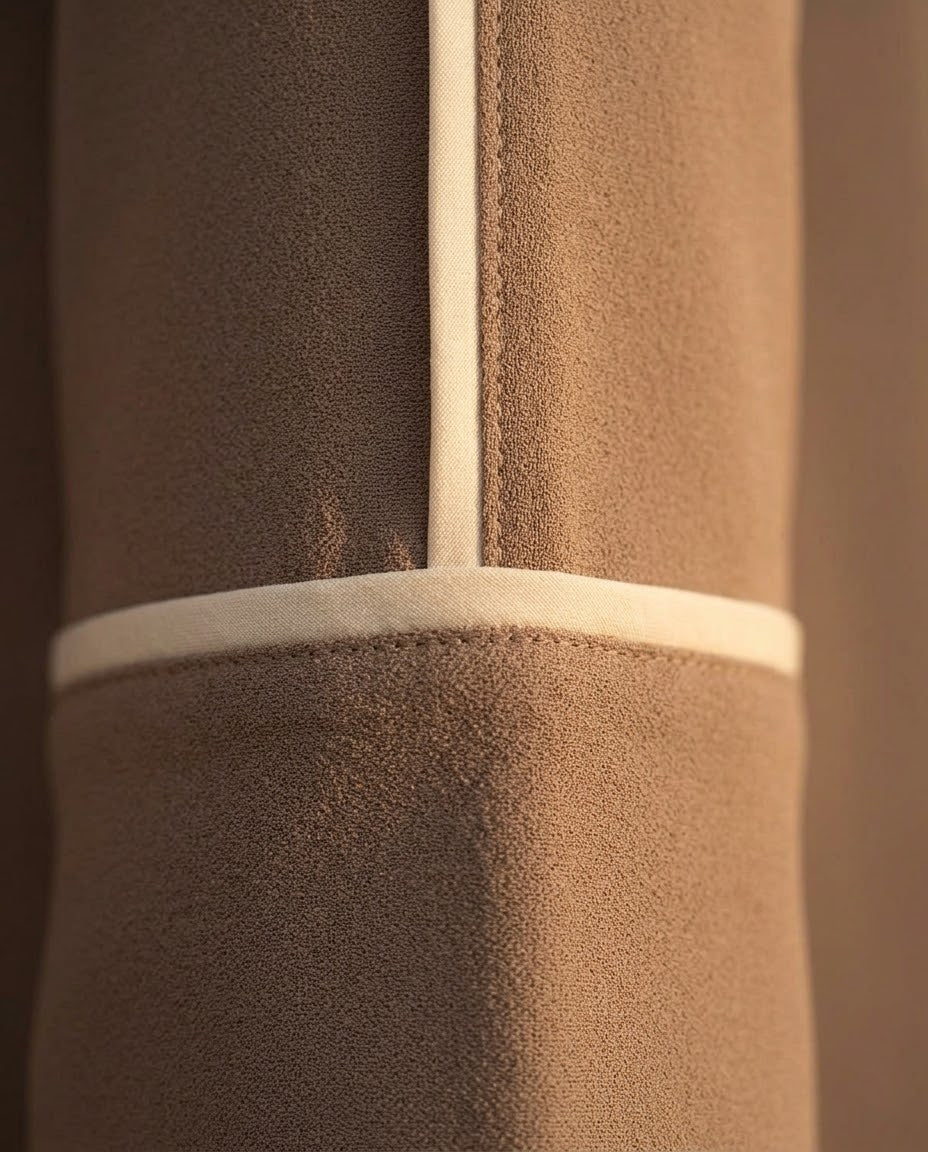 Detail of cream contrast piping on mocha abaya