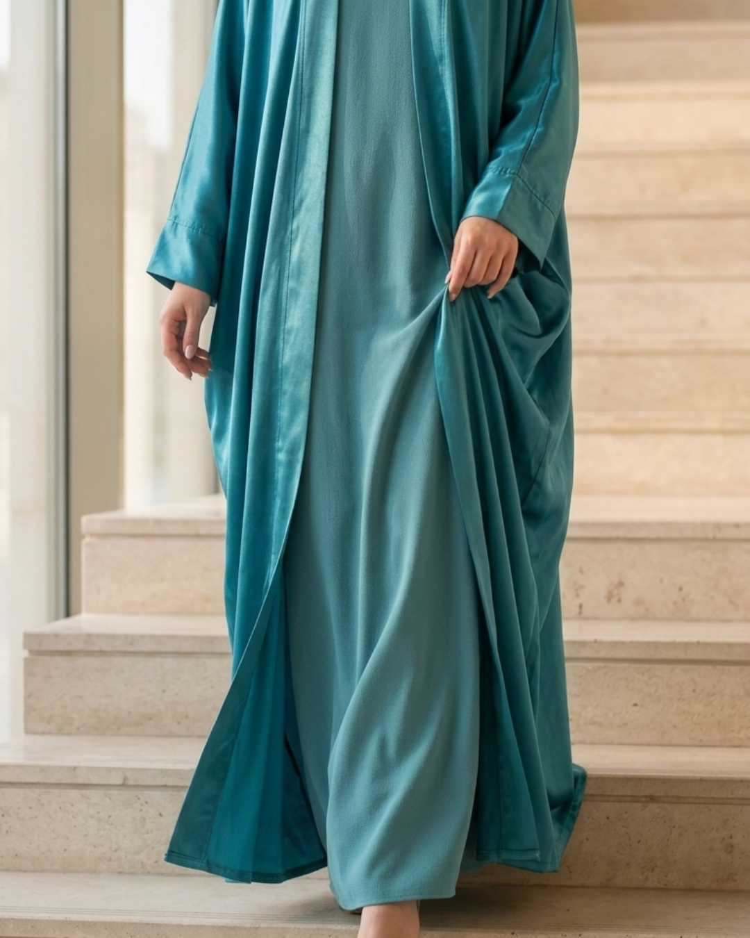 Turquoise silk Arabic robe with wide flowing sleeves — Khimar by Sana