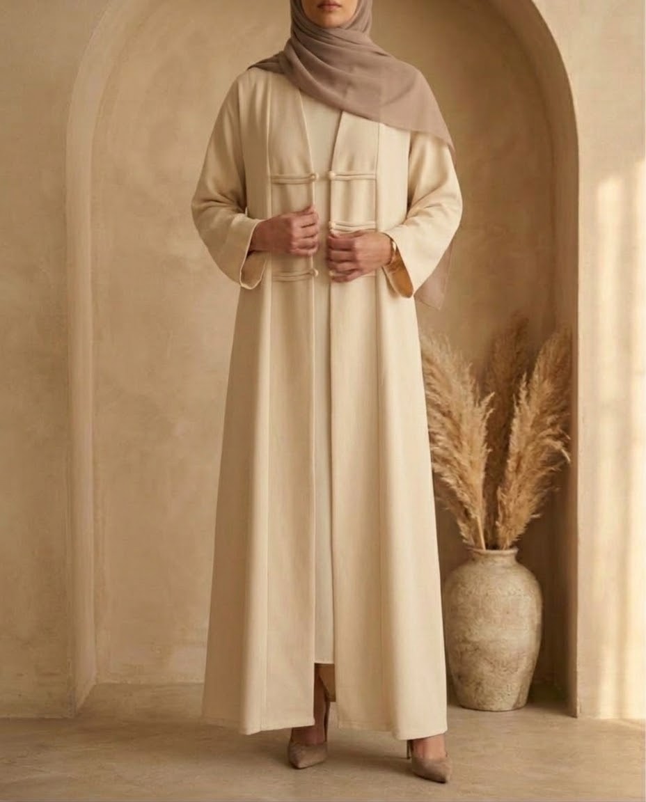 Ivory open abaya with pearl loop closures