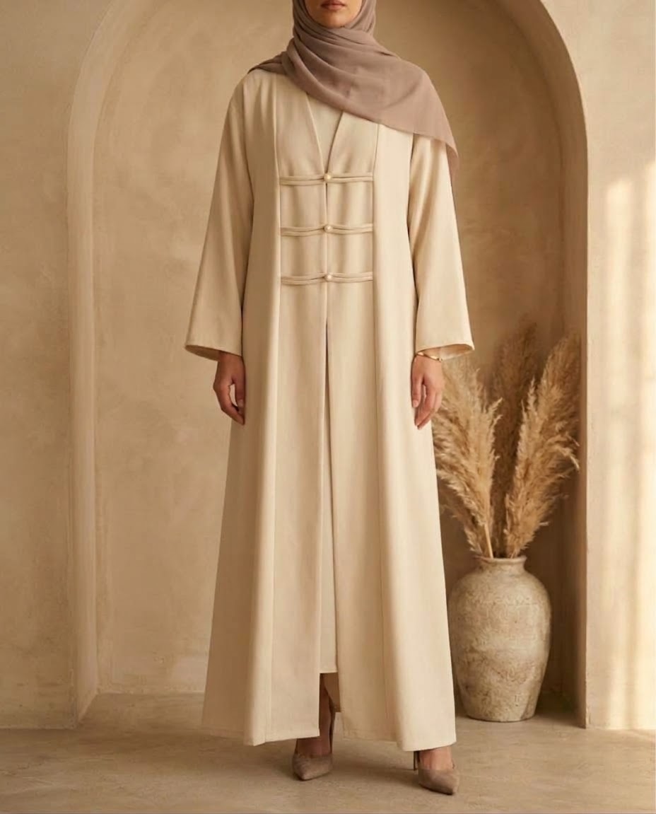 Ivory pearl loop abaya, styled view