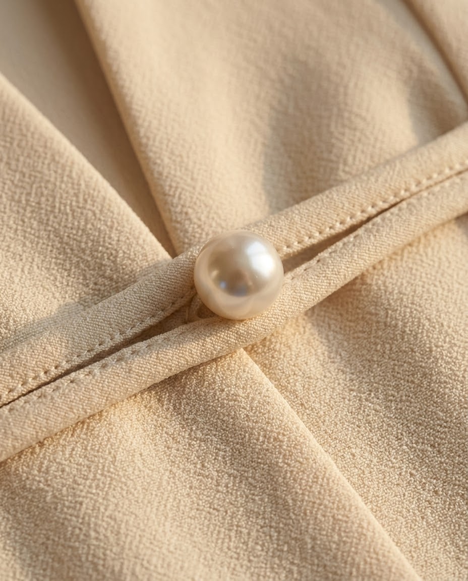 Detail of pearl button and piped loop on ivory abaya