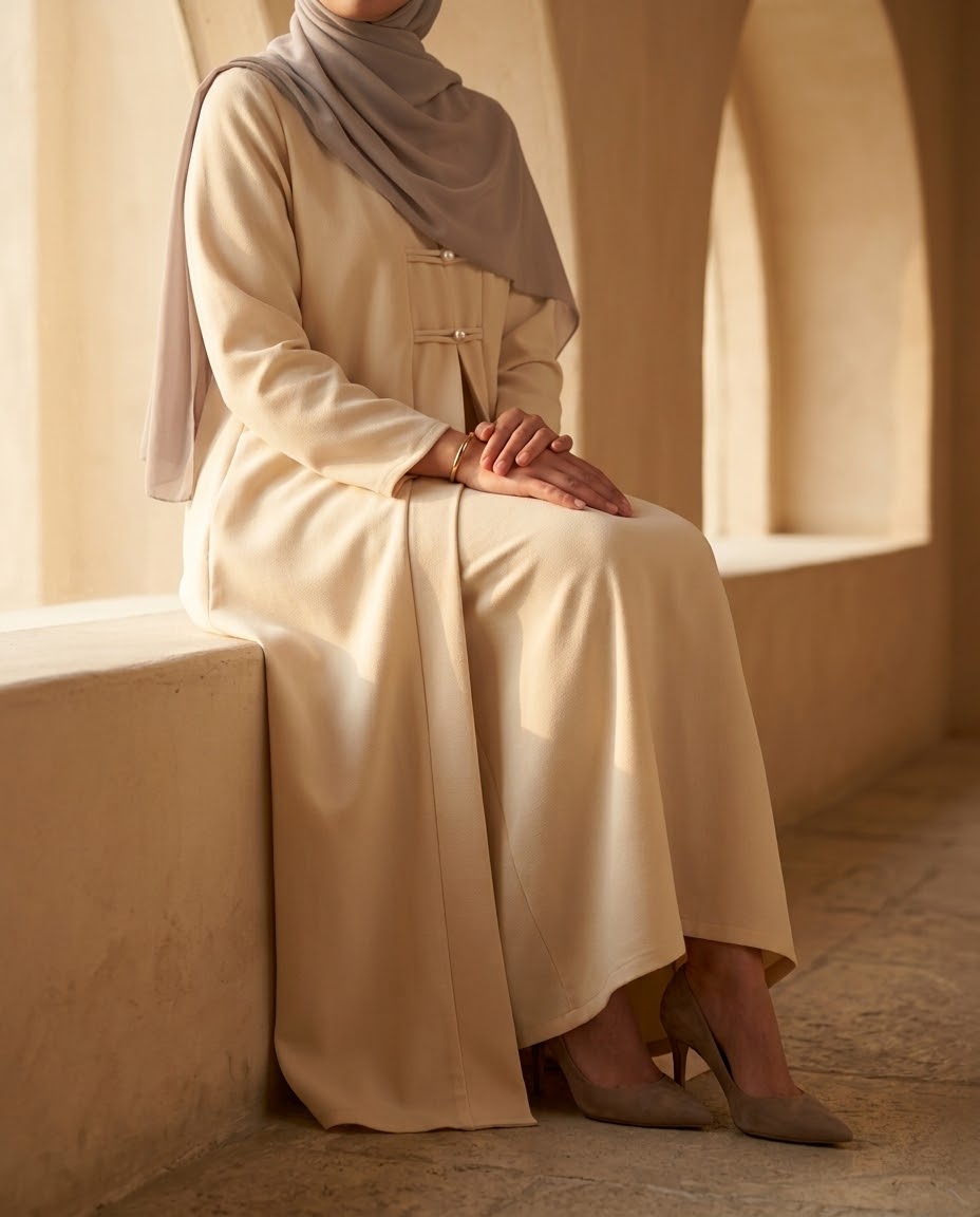 Ivory open abaya with wide sleeves