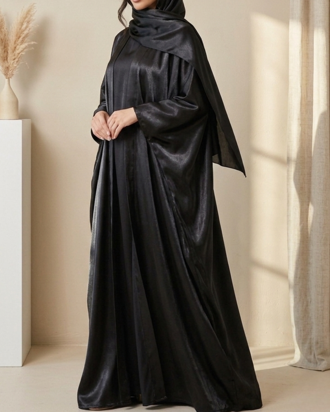 Midnight Sheen luxury black Arabic robe set with gold shimmer silk — Khimar by Sana