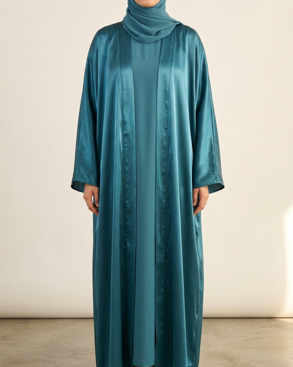 Turquoise Hour luxury Arabic robe set in turquoise silk — Khimar by Sana