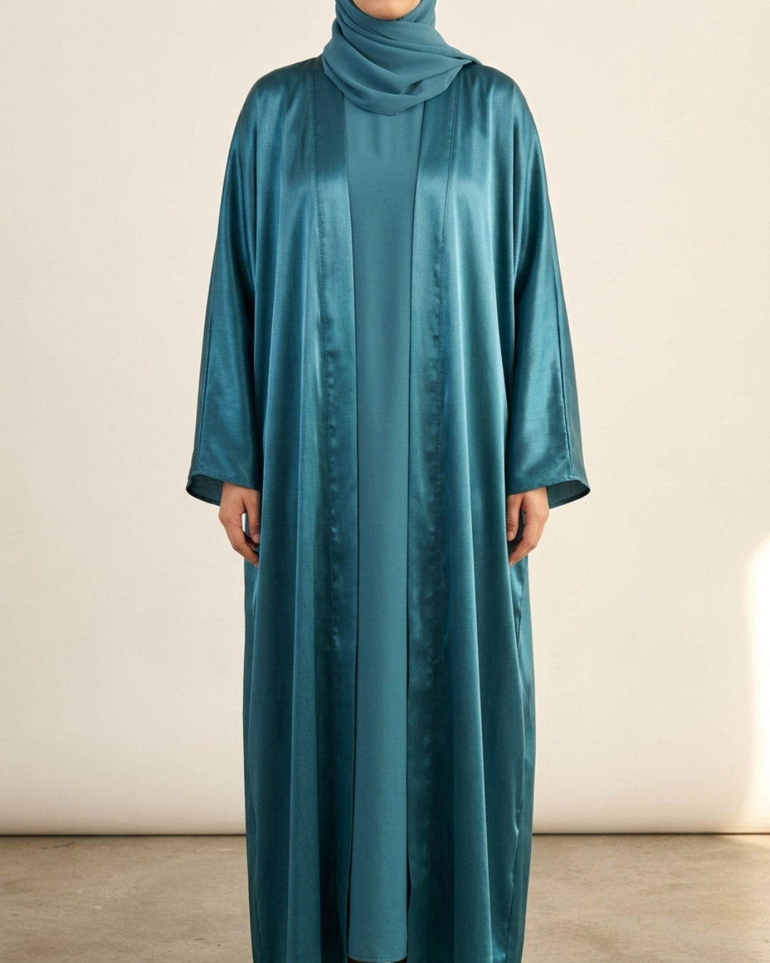 Turquoise Hour luxury Arabic robe set in turquoise silk — Khimar by Sana