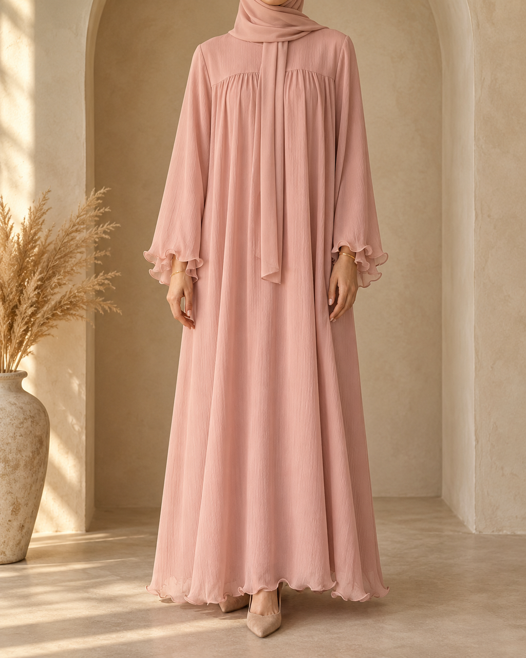 Rose chiffon ruffle abaya with matching hijab