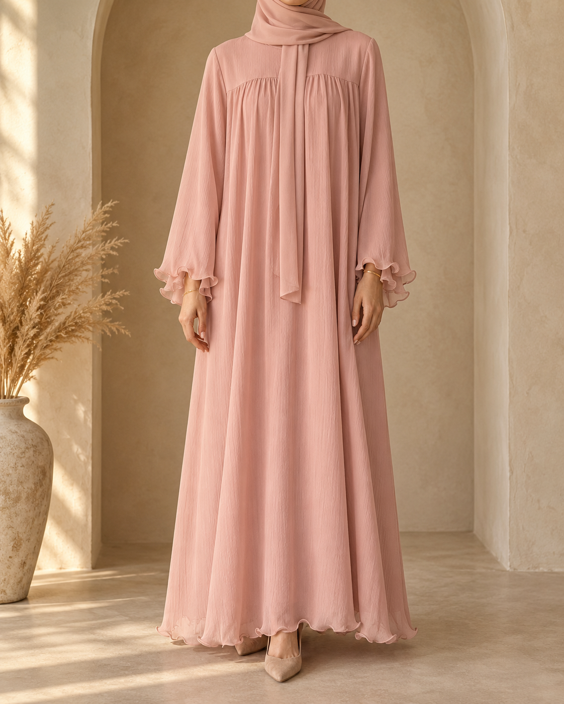 Rose chiffon ruffle abaya with matching hijab