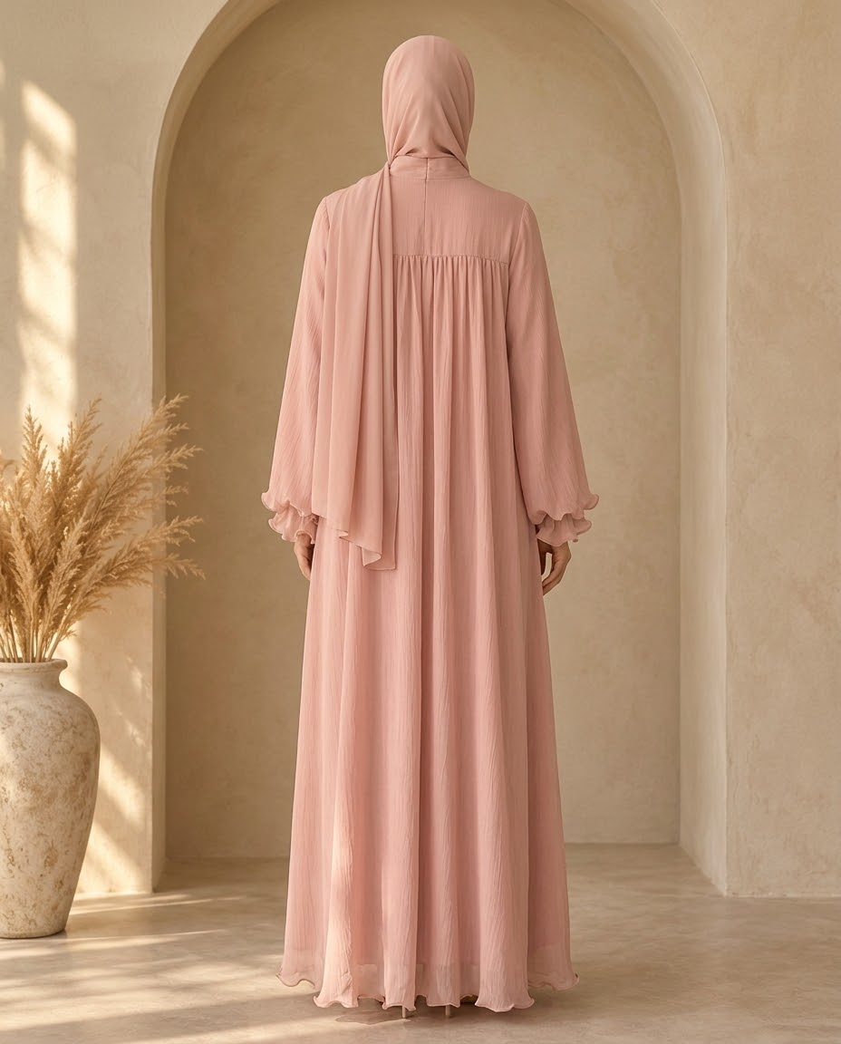 Rose chiffon abaya with neck tie and gathered yoke