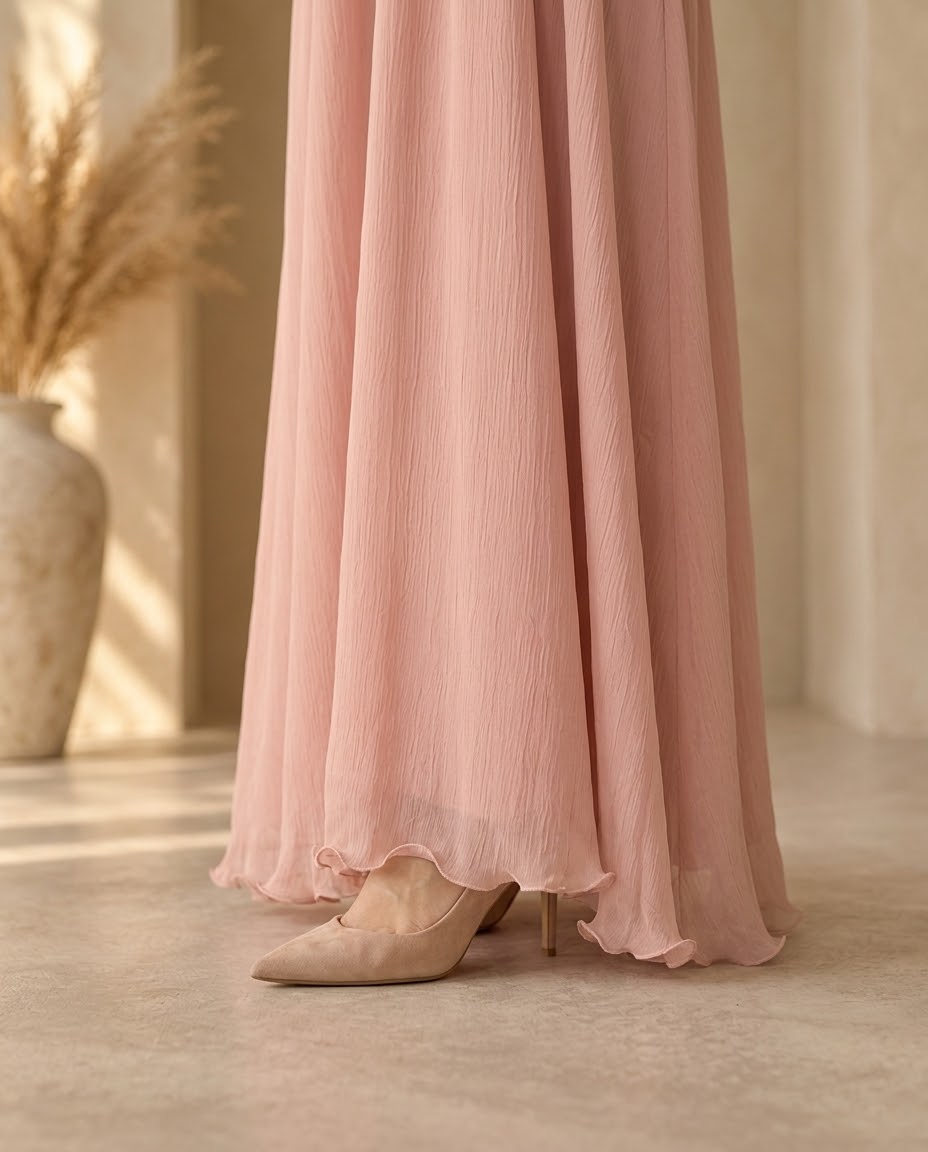 Detail of ruffle-edged cuff on rose chiffon abaya