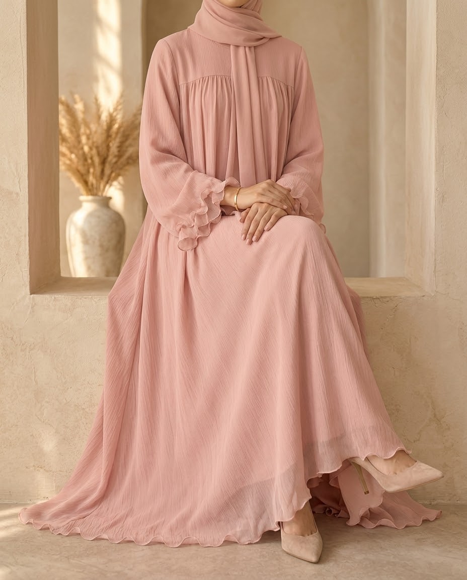 Rose chiffon abaya ruffle hem