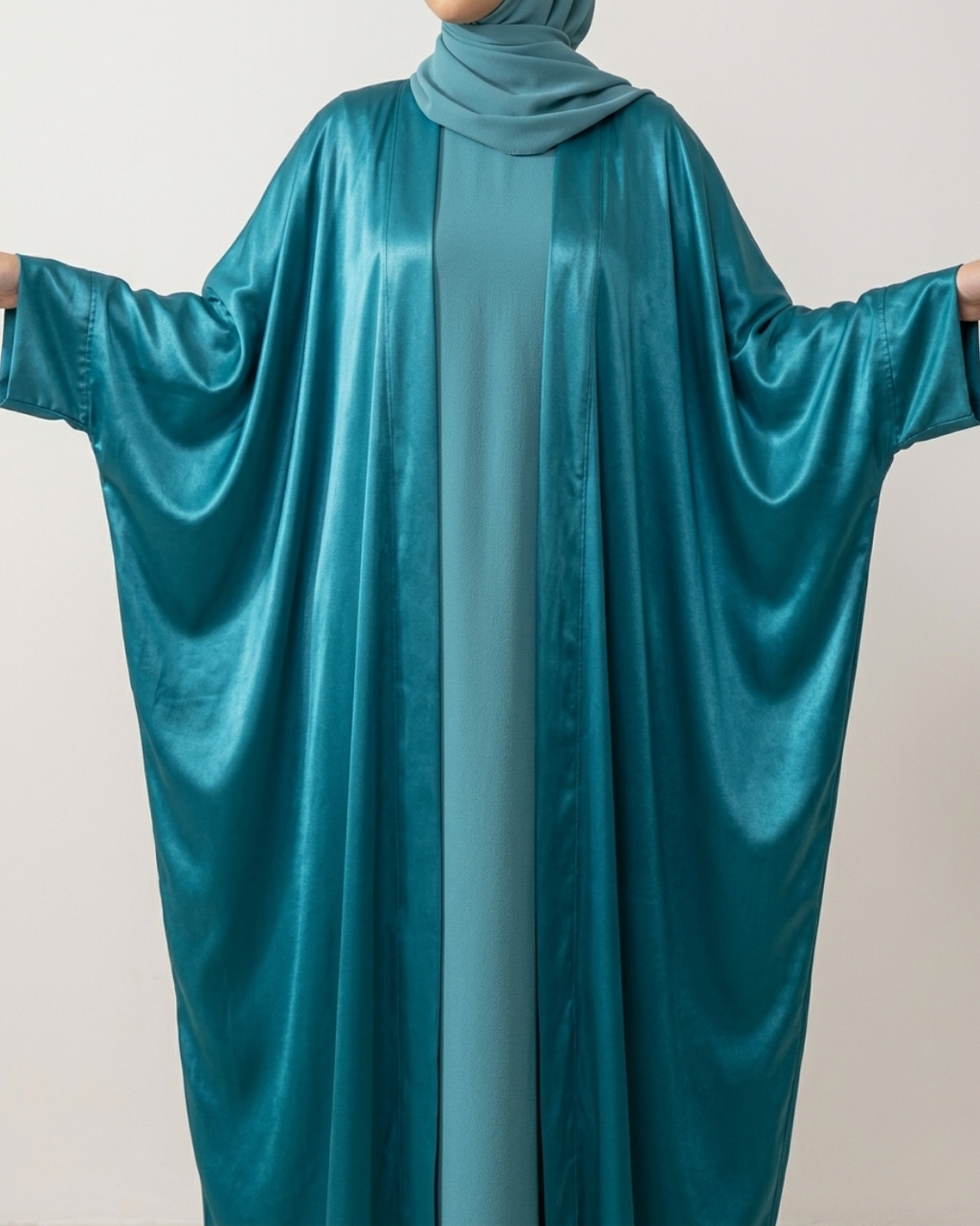 Turquoise Hour three-piece robe set with matching hijab — Khimar by Sana