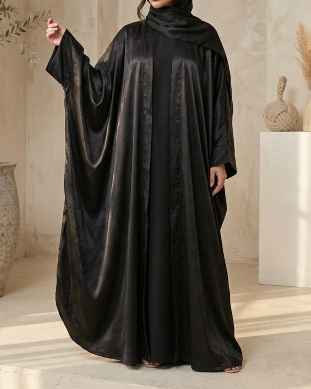 Black silk Arabic robe with wide batwing sleeves — Khimar by Sana