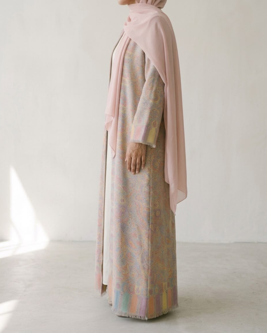 Pastel Bloom pashmina fringed sleeve cuff detail