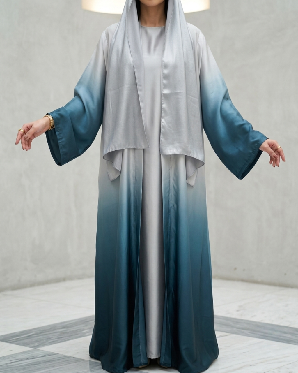 Ombre Silver-Teal Silk Abaya