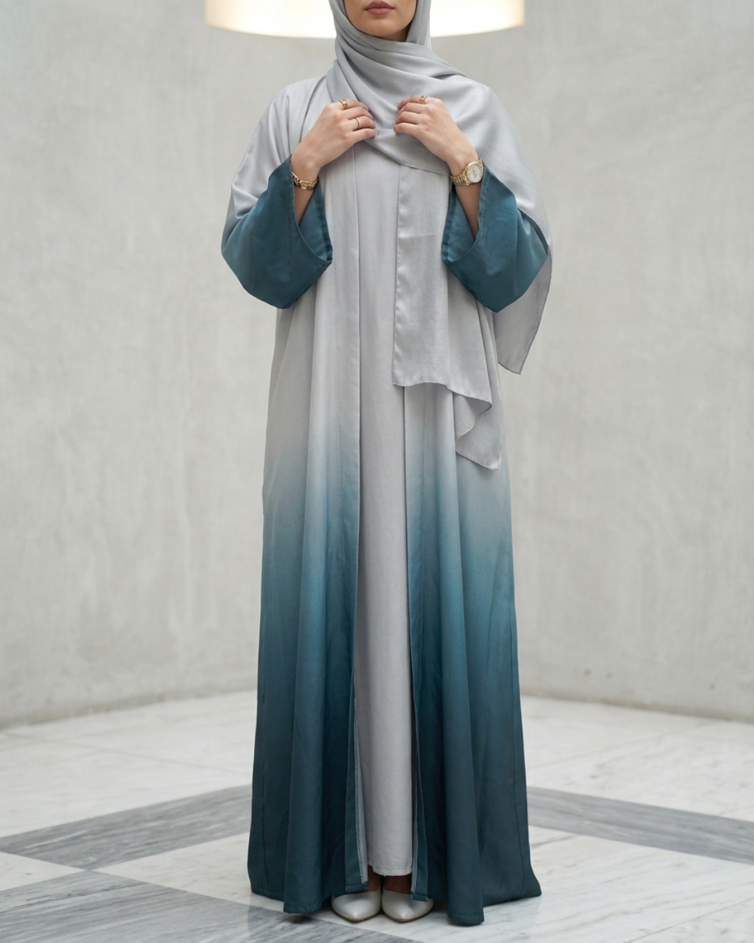 Ombre Silver-Teal Silk Abaya
