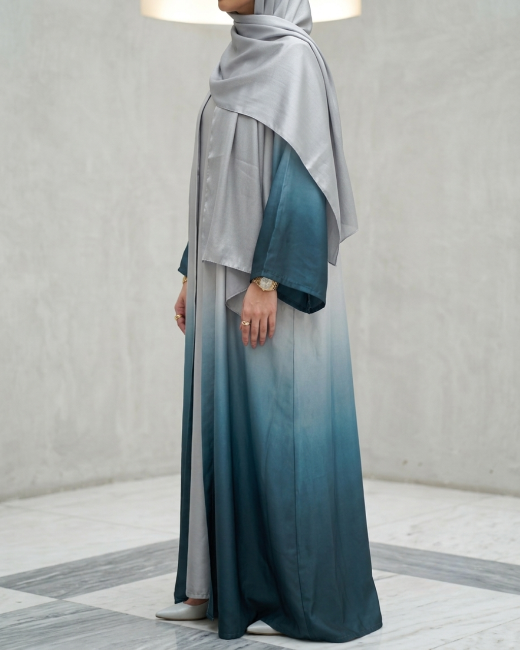 Ombre Silver-Teal Silk Abaya