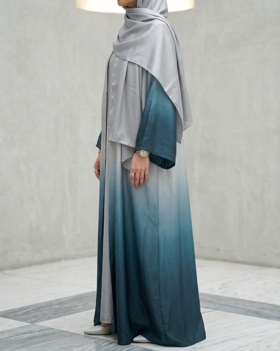 Ombre Silver-Teal Silk Abaya