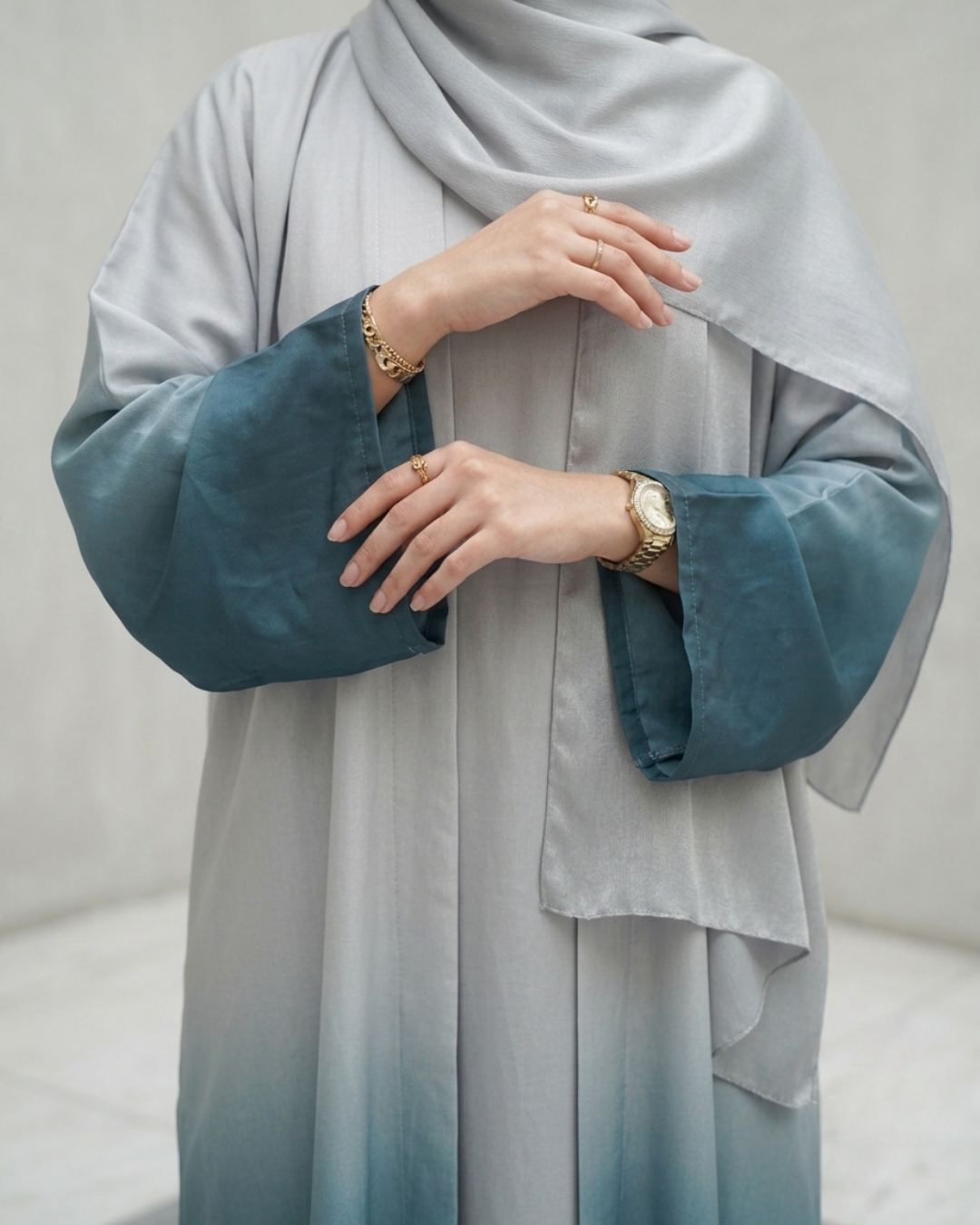 Ombre Silver-Teal Silk Abaya
