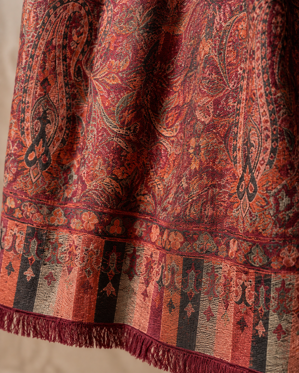 Rustic Amber pashmina woven paisley and fringe hem detail