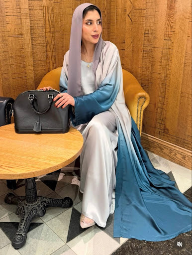Ombre Silver-Teal Silk Abaya